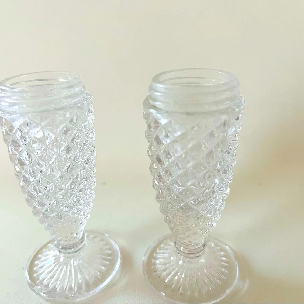 Vintage 1950’s Cut Glass Salt and Pepper Shakers with Metal Lids